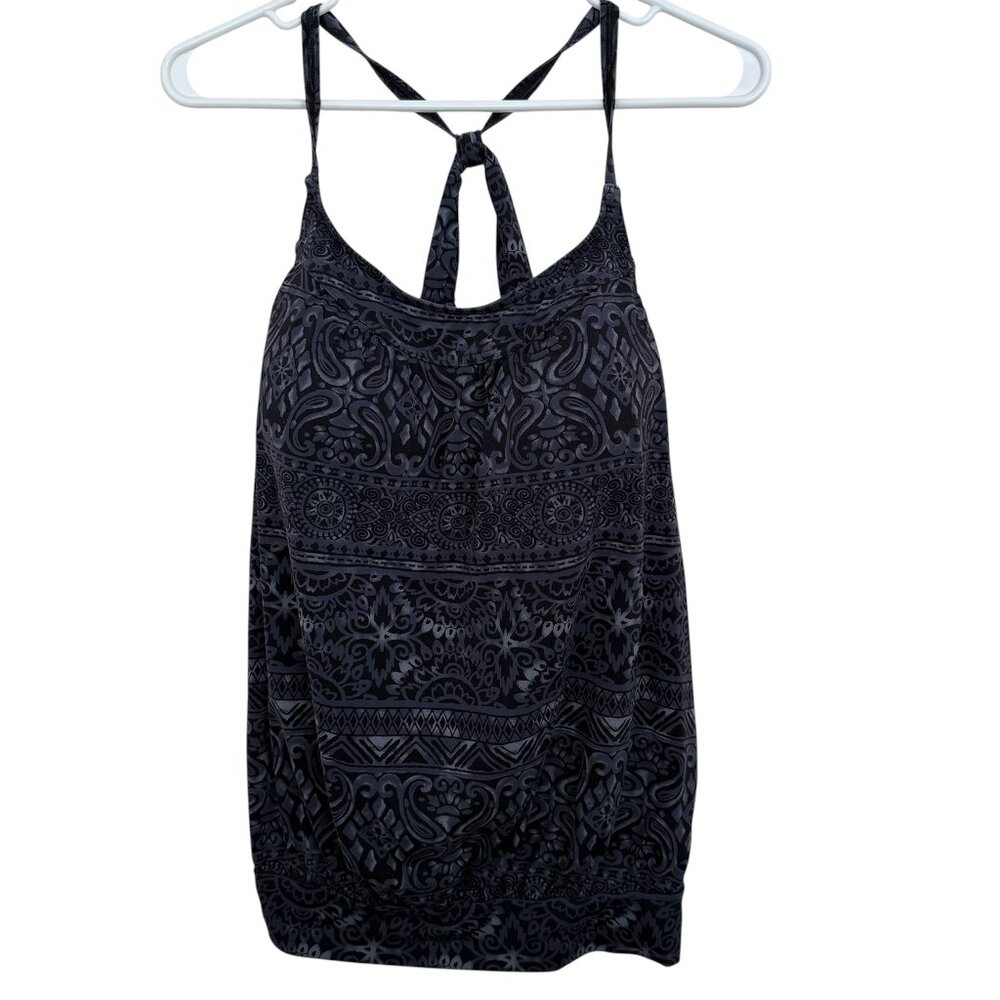 Lands End Paisley Blouson Racerback Tankini Swimsuit Top 12 Shelf Bra Black Grey